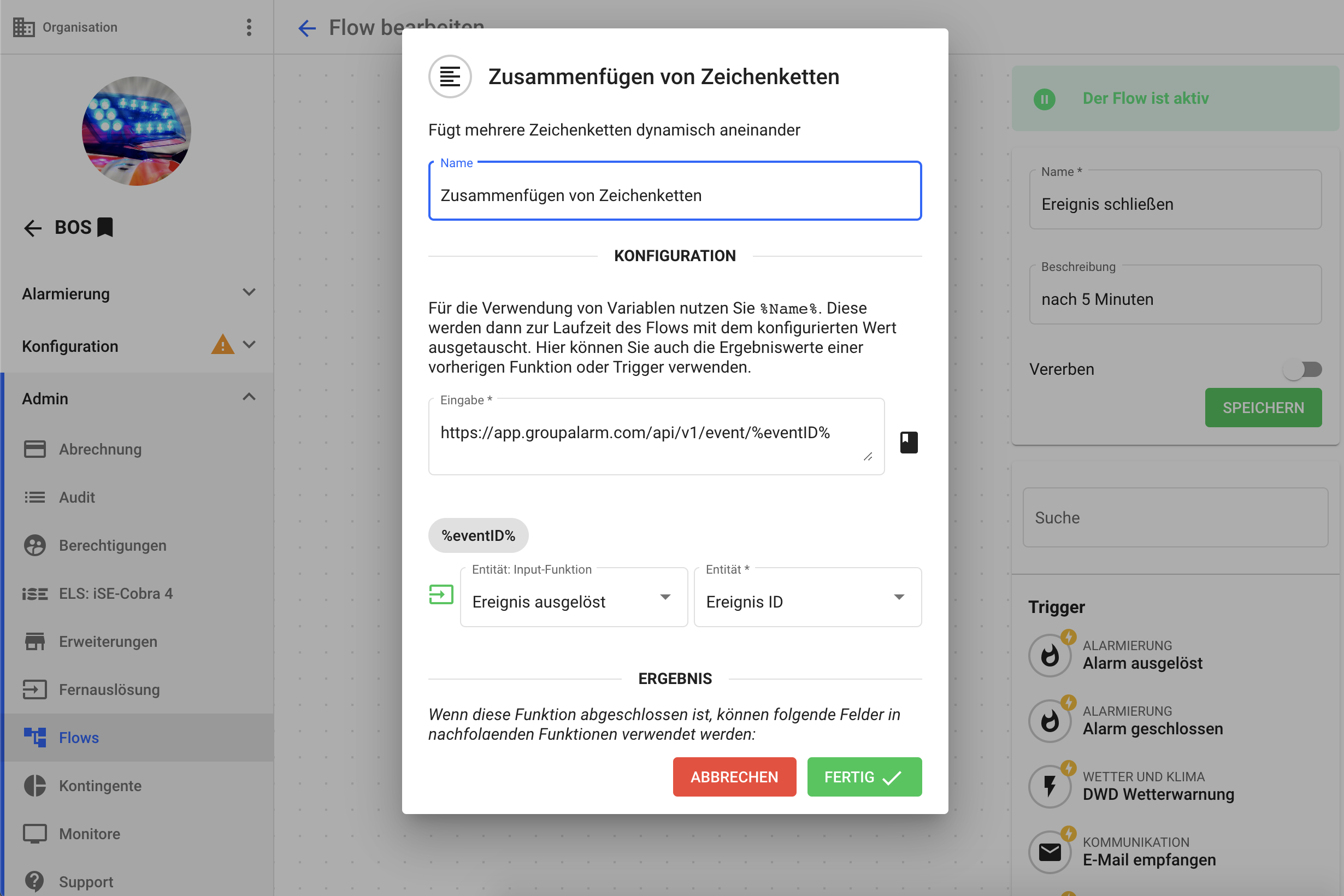 Zusammenfügen von Zeichenketten im GroupAlarm Flow