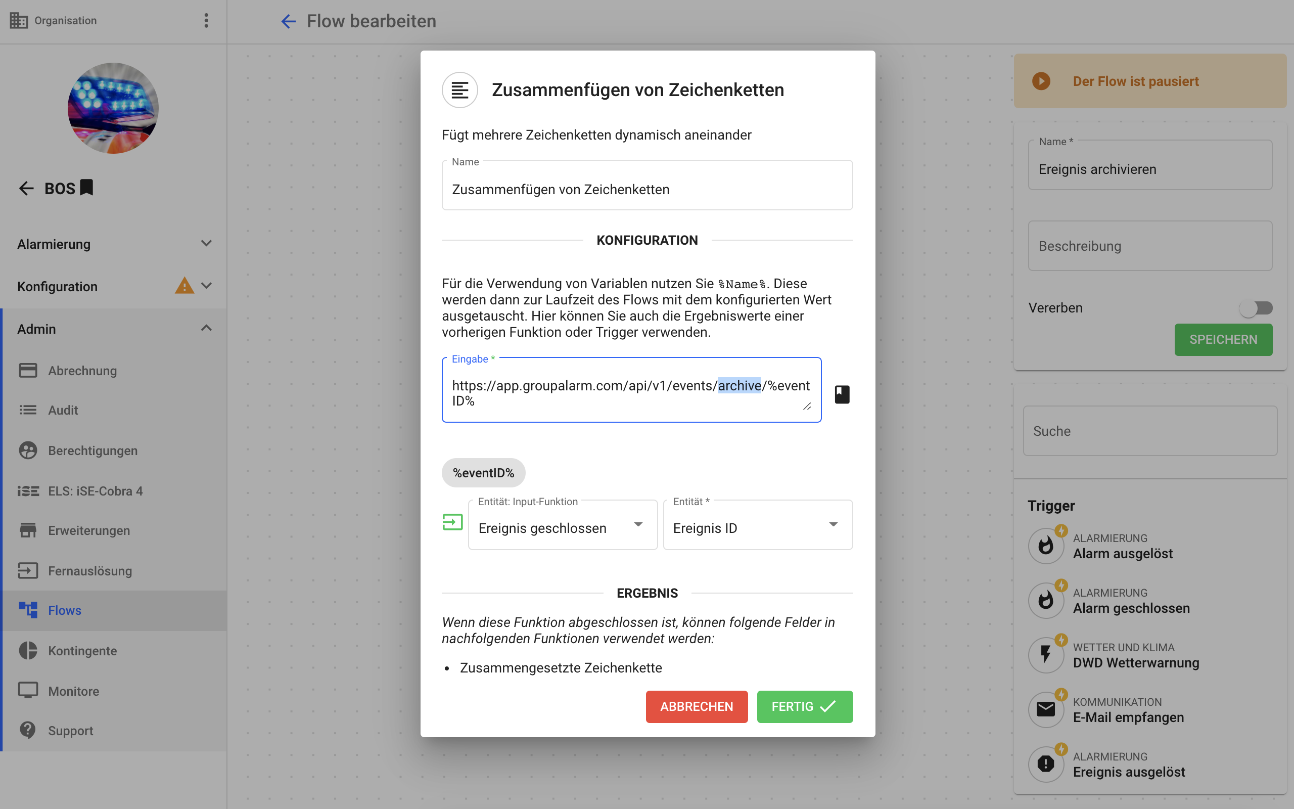 Zusammenfügen von Zeichenketten im GroupAlarm Flow